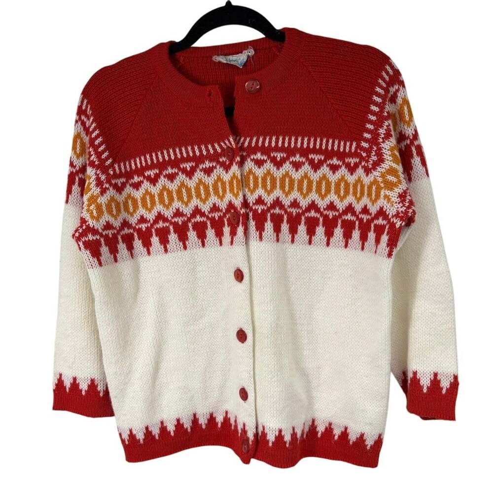 Vintage Orange White Nordic Fair Isle Button Down Cardigan Sweater Womens M